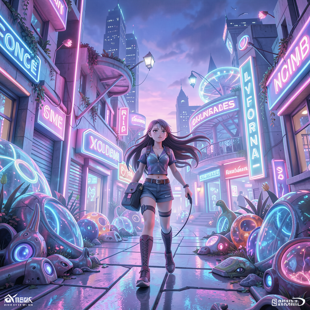 alien world, bright neon colors, a girl explores neon colored world