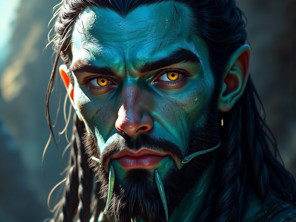 Turquoise-skinned humanoid male portrait.