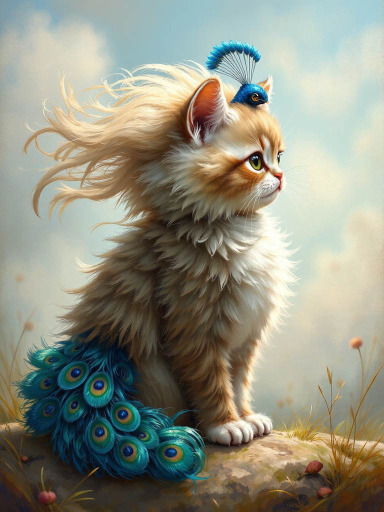 Cute cat-peacock hybrid with