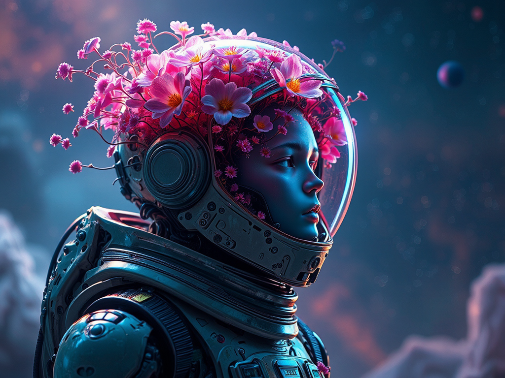 Astronaut with flowers growing