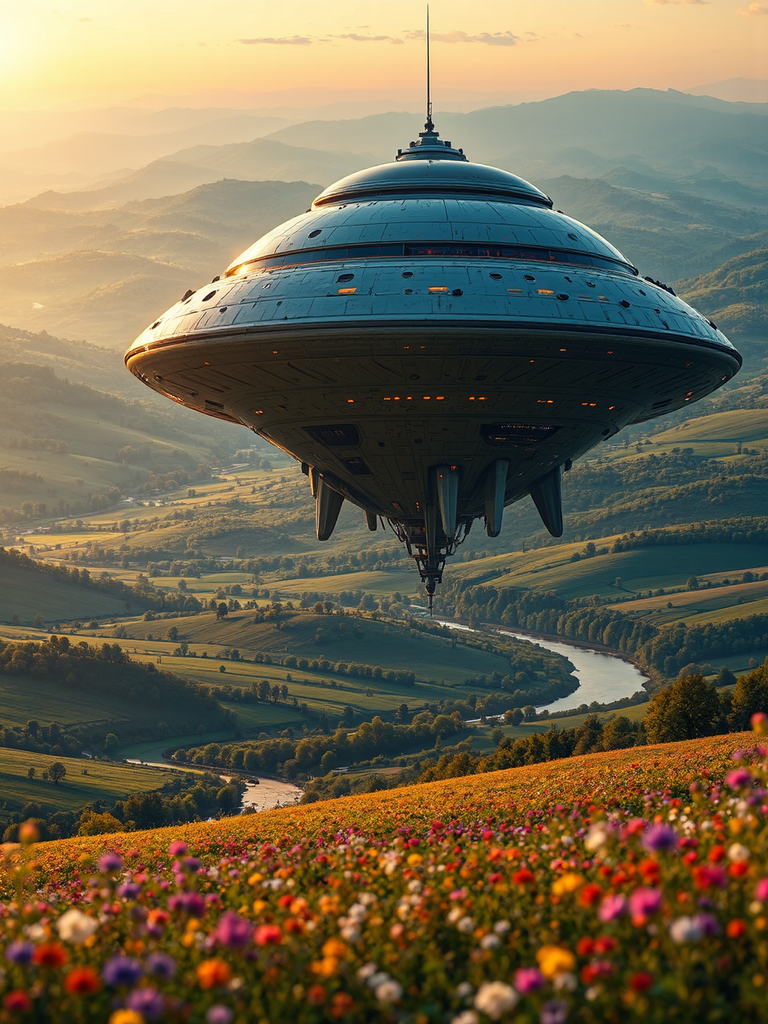 Futuristic spaceship in sunset