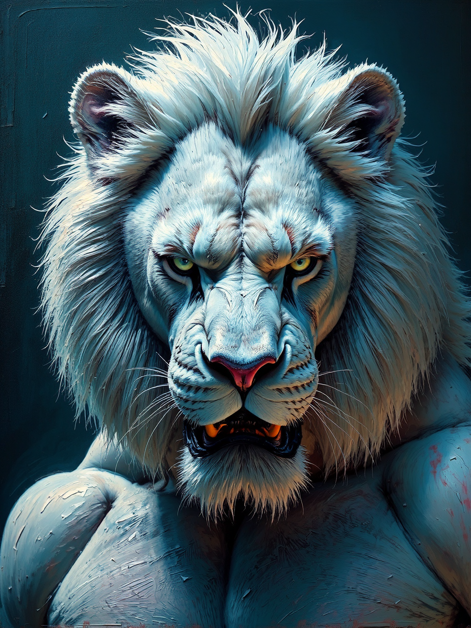 Furry albino lion in