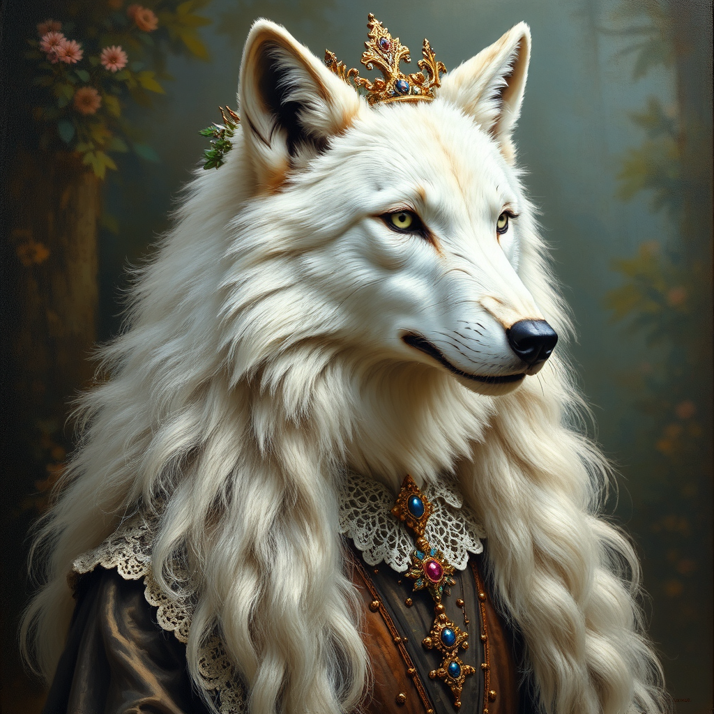 Anthropomorphic white wolf portrait.