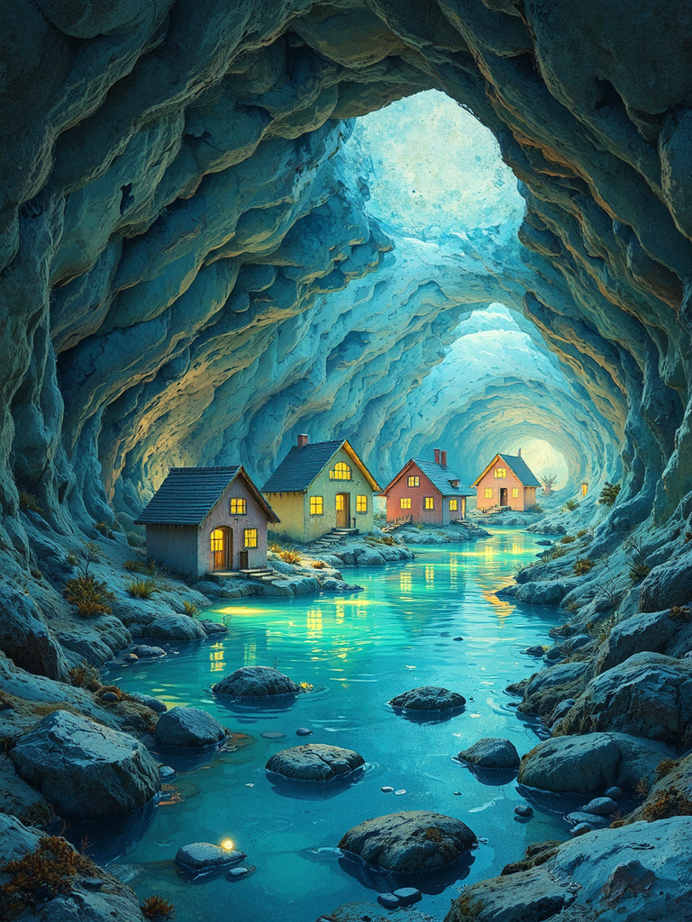 Underground houses in illuminated