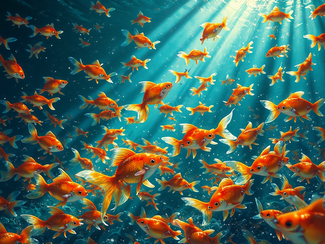 Goldfish swim in a