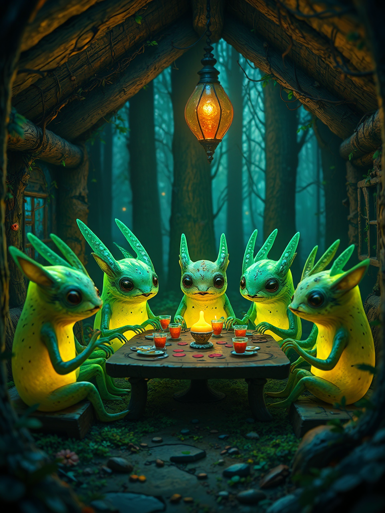 Glowing critters at tea