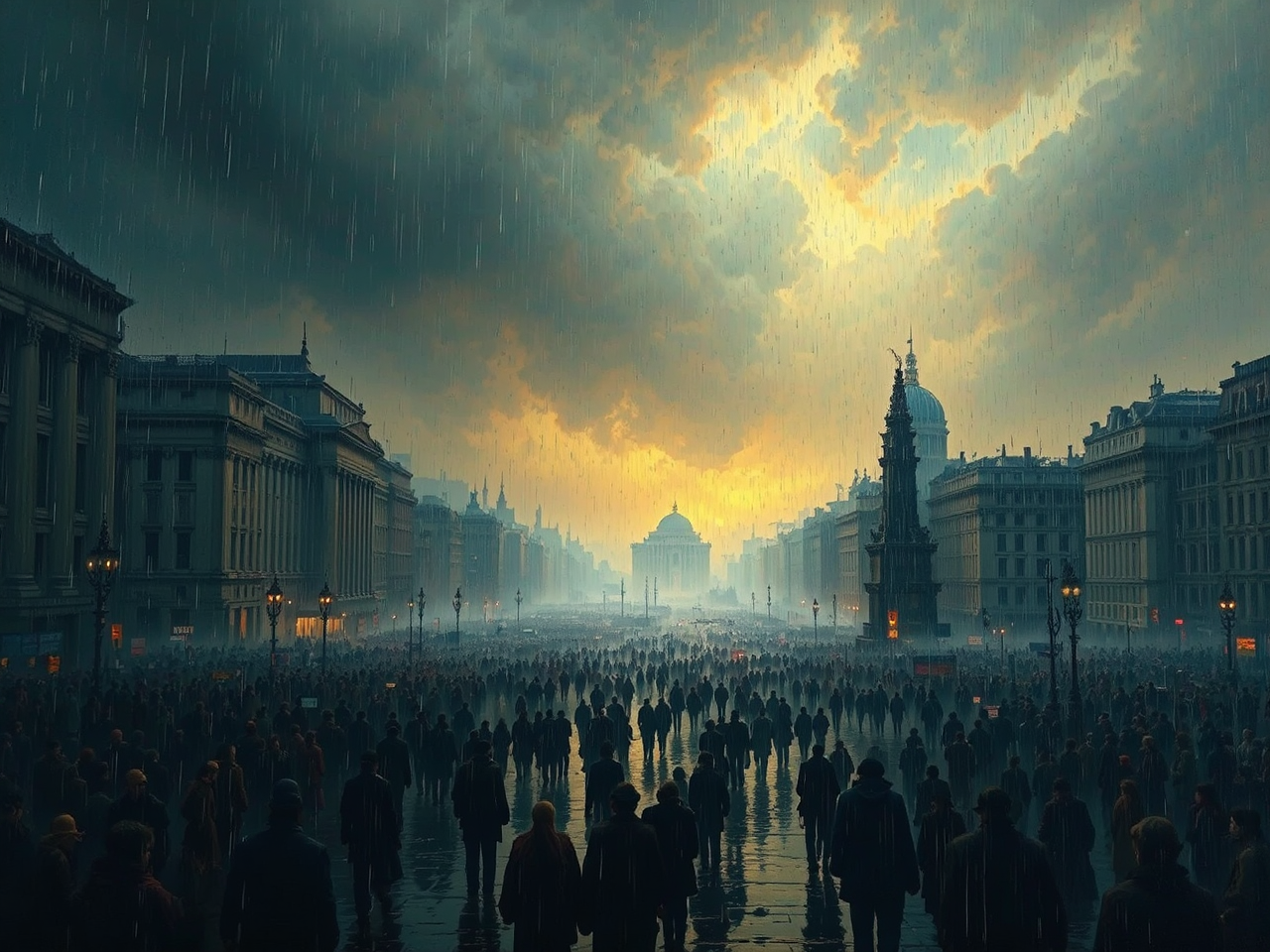 Raining cityscape with many