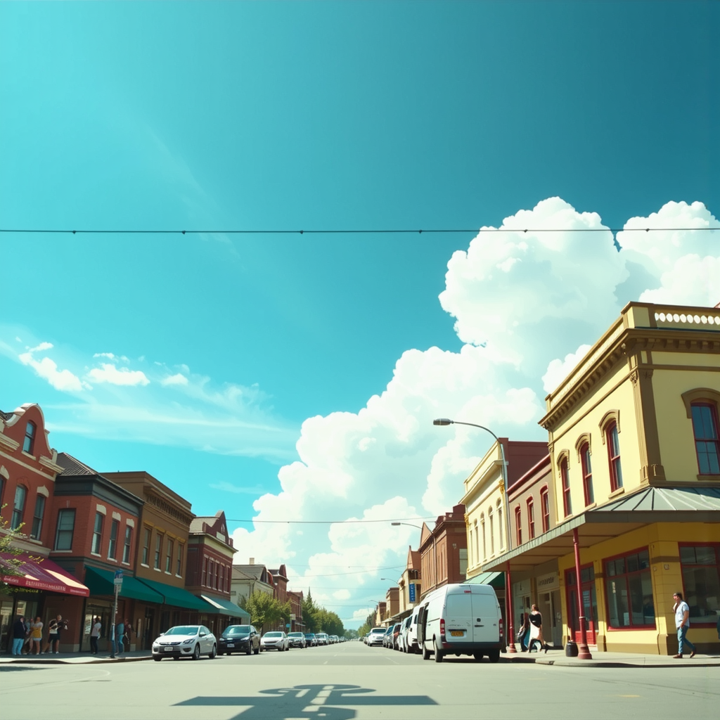 Ghibli-style street with cloudy