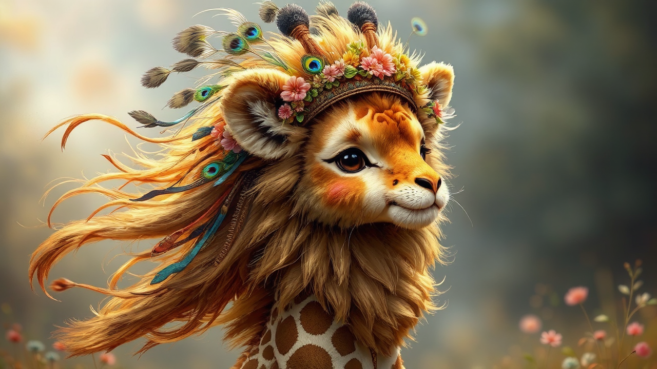 Baby lion-giraffe hybrid character.