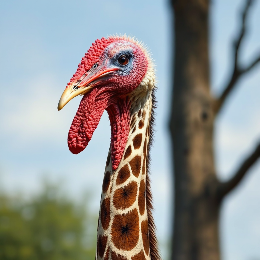Turkey-giraffe hybrid animal headshot