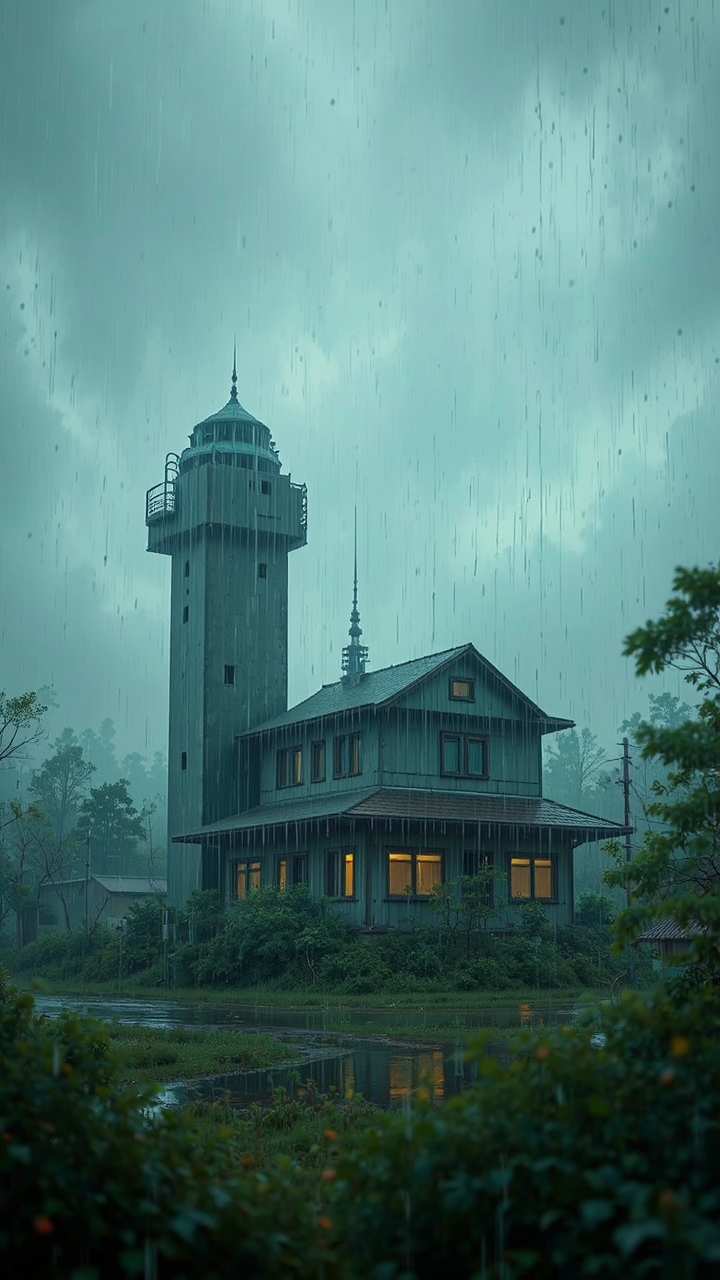 A rainy Pripyat cityscape