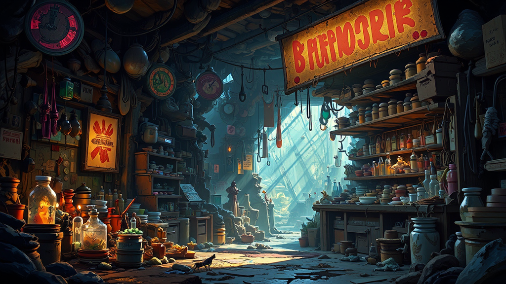 Cartoon sci-fi junkshop interior