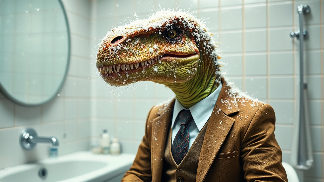 A dinosaur stands in