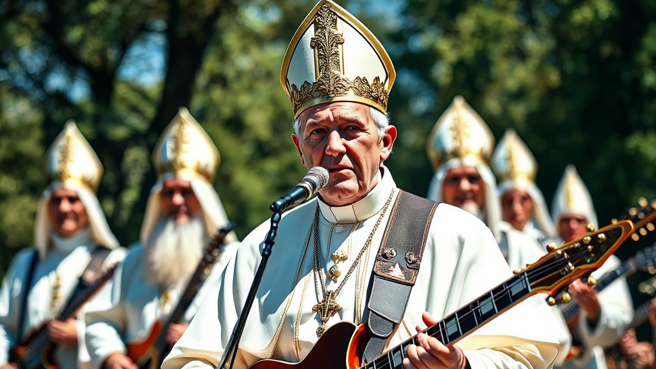 Pope-clad musicians in outdoor