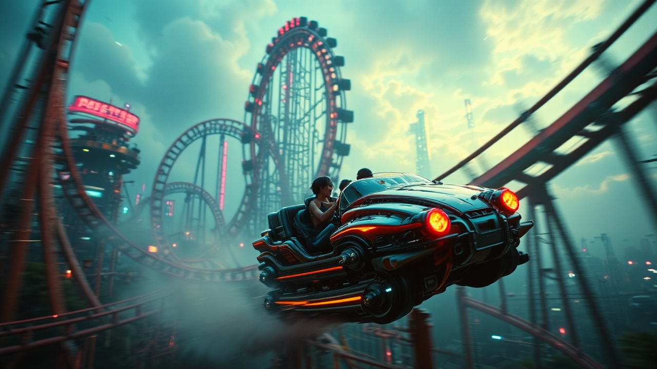 Sci-fi cyberpunk rollercoaster photo.