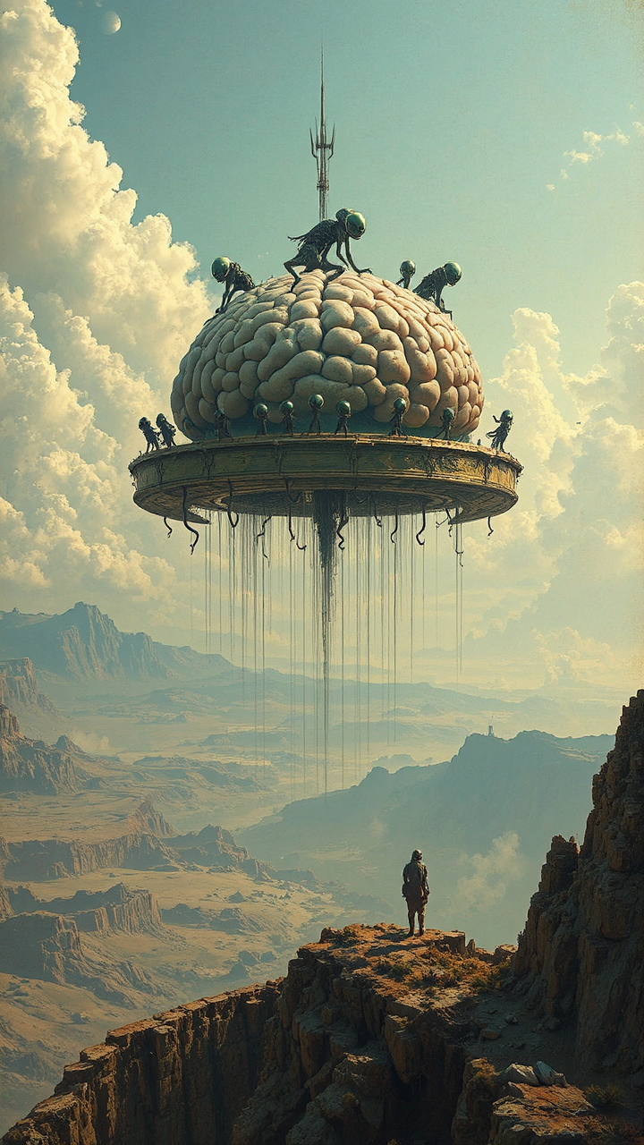 Aliens surround a hovering