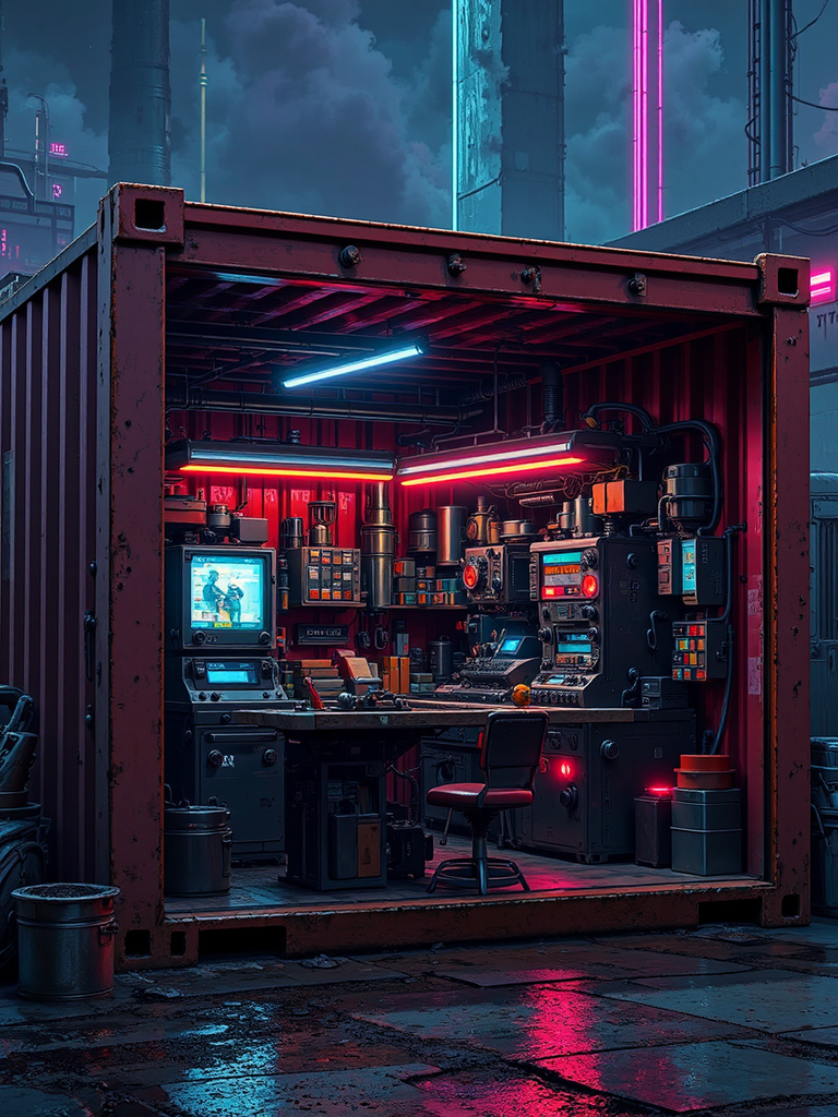 Sci-fi shipping container workshop.