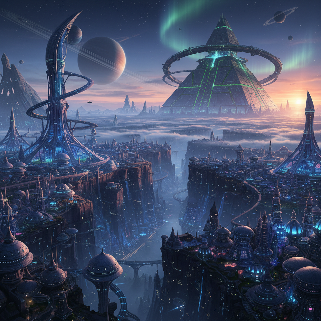 a sprawling alien city, a giant megastructure looms in the distance