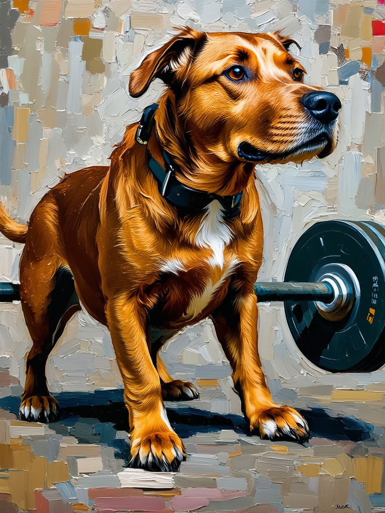 Dog lifting weights in