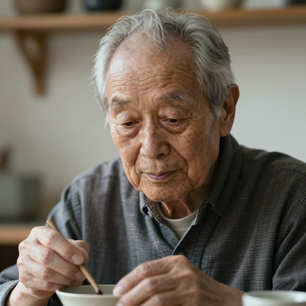 A photorealistic close-up portrait of an elderly Japanese ceramicist