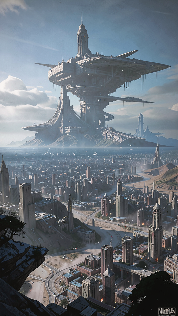 a sprawling alien city, a giant megastructure looms in the distance