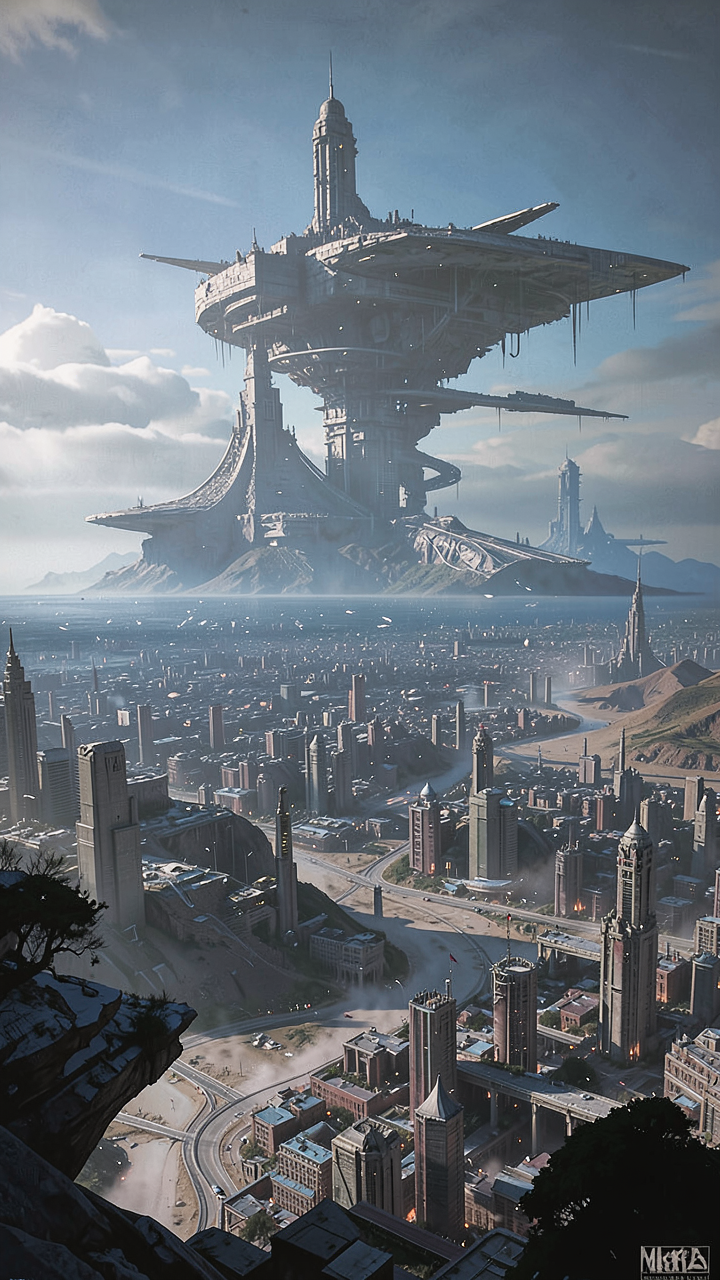a sprawling alien city, a giant megastructure looms in the distance