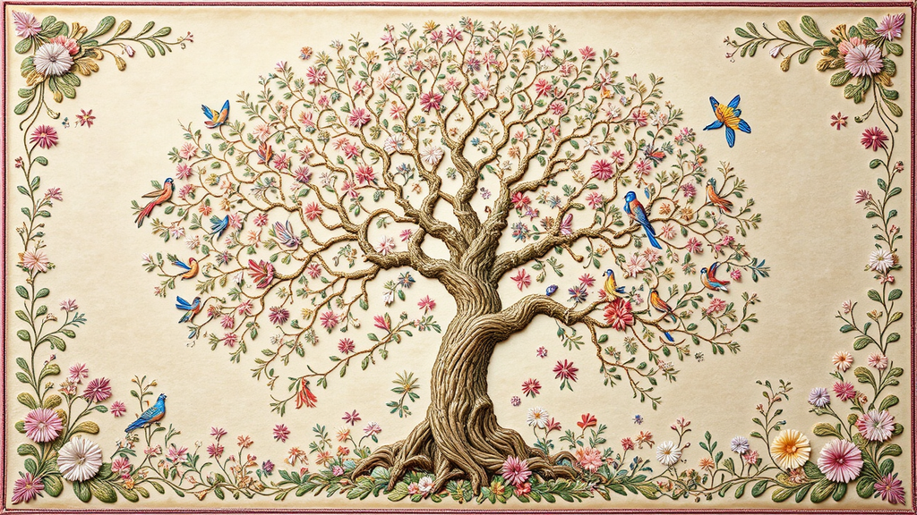 Embroidered scene with intricate
