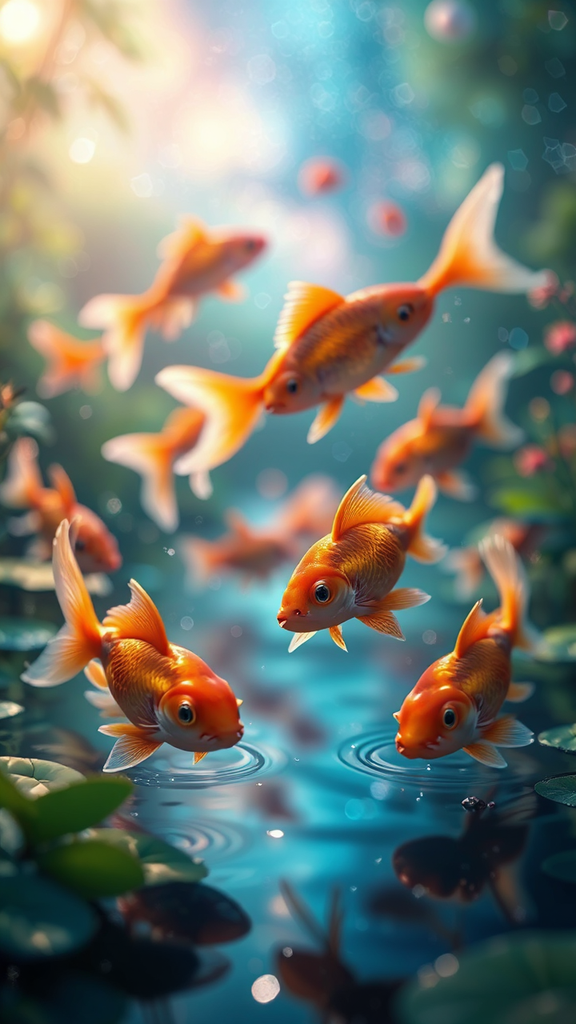 Goldfishes swim in a