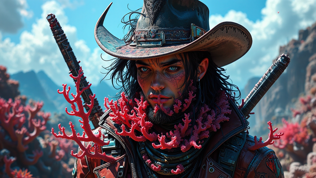 Cyberpunk cowboy in coral
