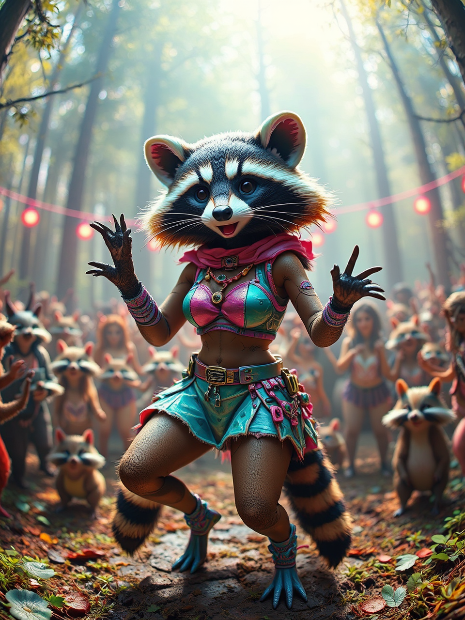 Raccoon in raver outfit