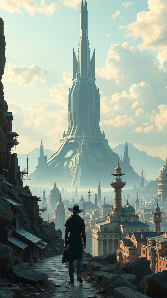 a sprawling alien city, a giant megastructure looms in the distance