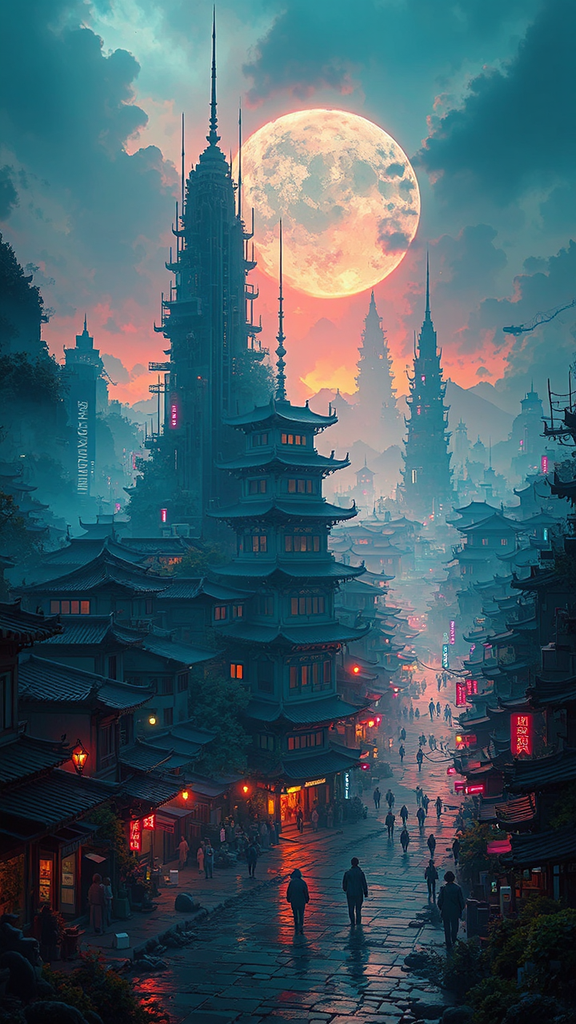 Beautiful cyberpunk cityscape illustration.