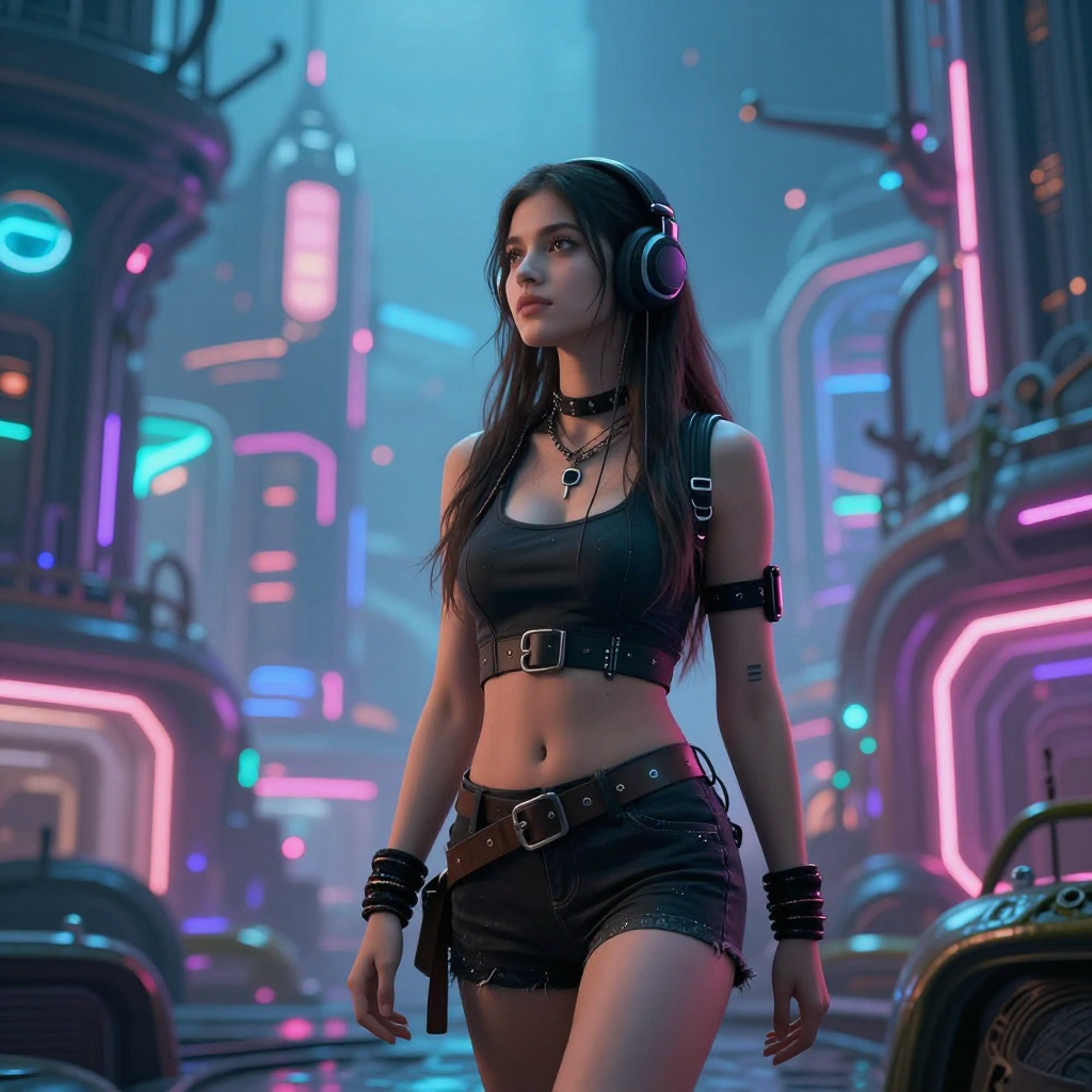 a girl wearing a revealing outfit explores an alien city landscape; neon glow tones
