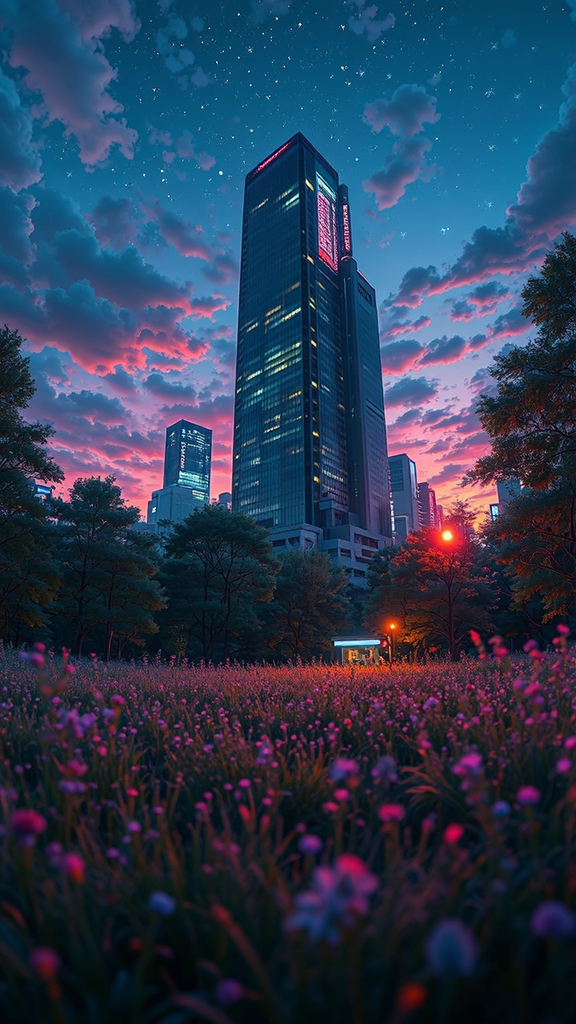 Cyberpunk cityscape at night.