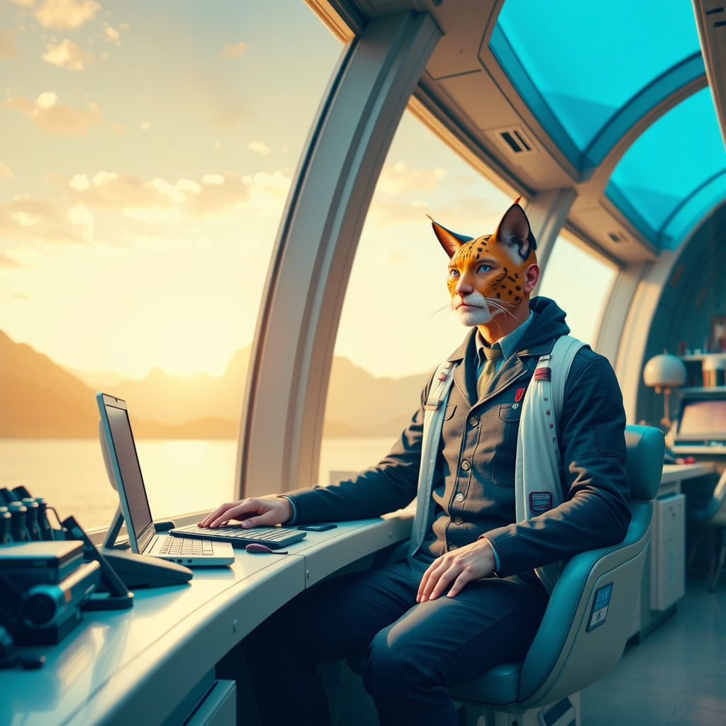 A masculine lynx-headed navigator