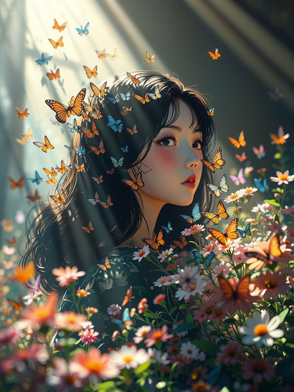 Butterflies swarming around flowers.