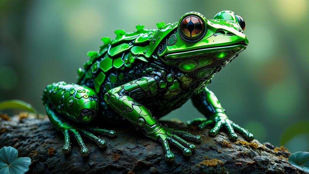 Metallic green cybernetic frog