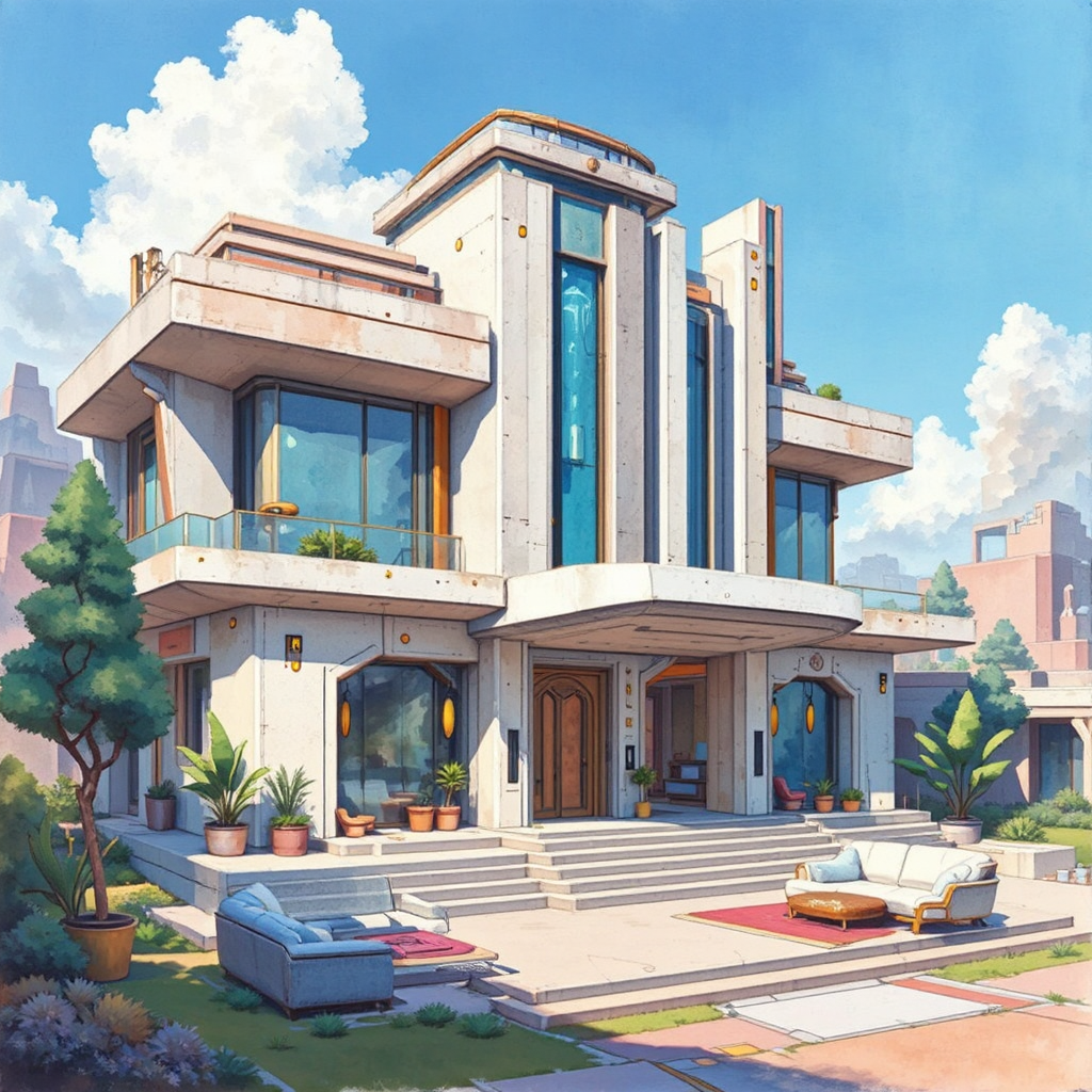 Futuristic, intricately detailed watercolor