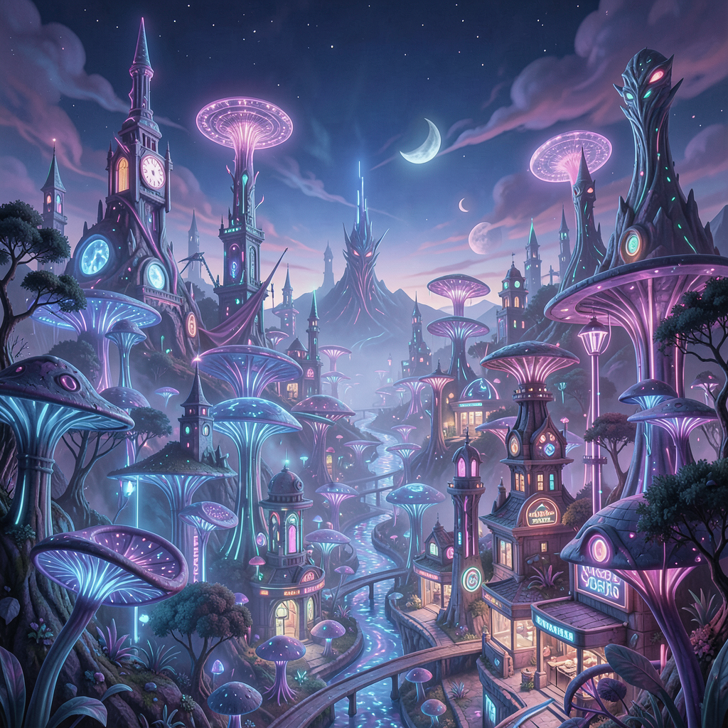 A surreal neon colored alien city