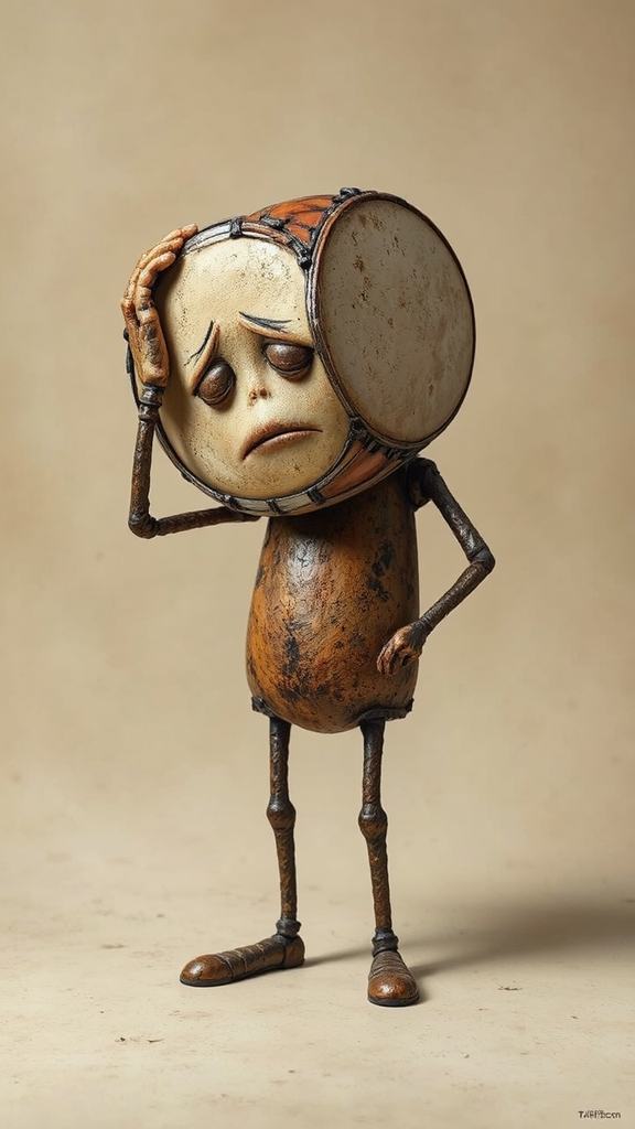 Anthropomorphic drum with headache.