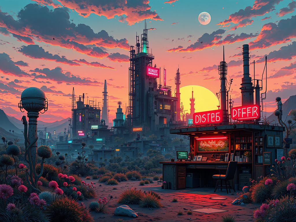 Detailed cityscape with neon