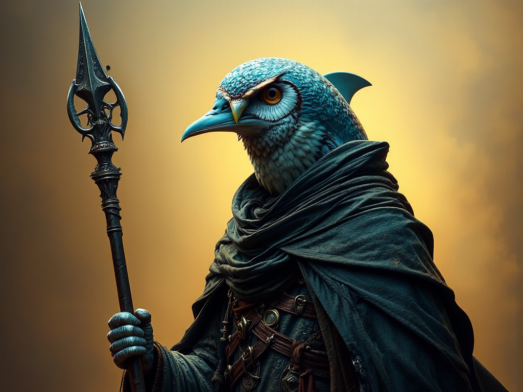 Dolphin-human-owl hybrid with ceremonial