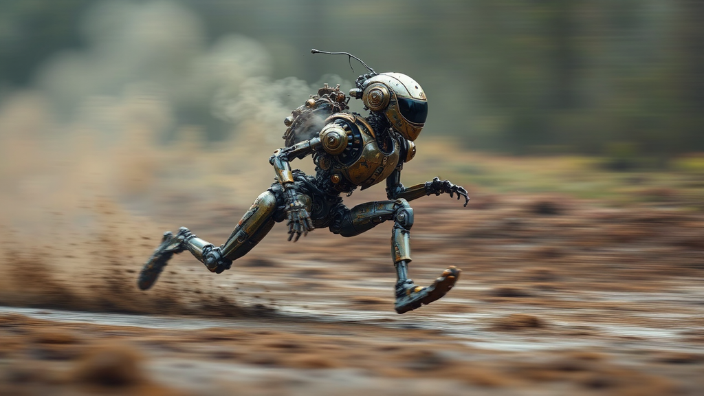 Steampunk robot running through