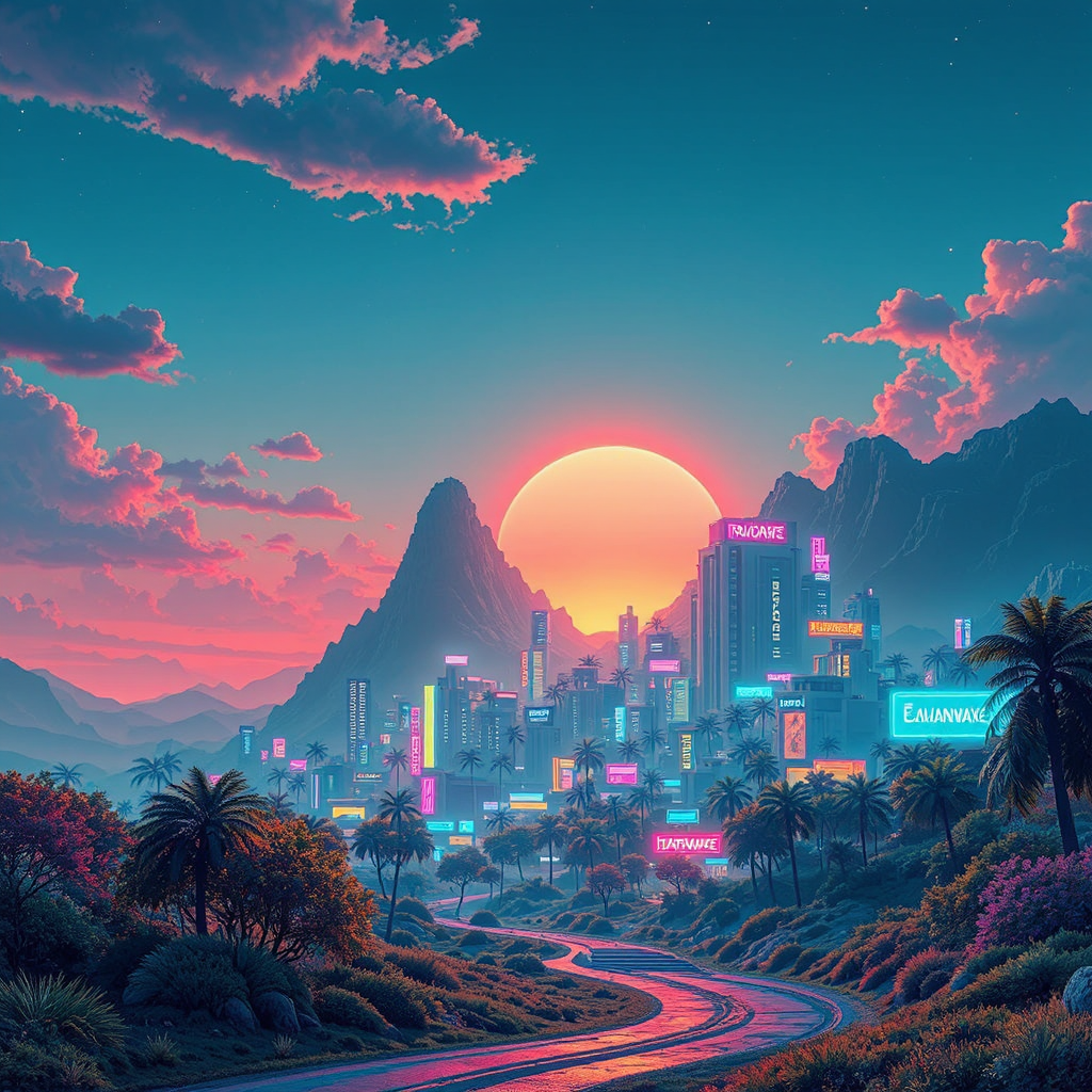 A futuristic, neon-lit landscape.