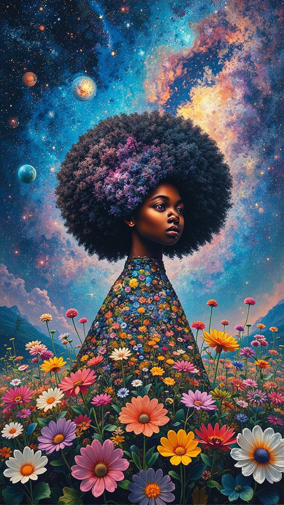 Girl among space flowers.