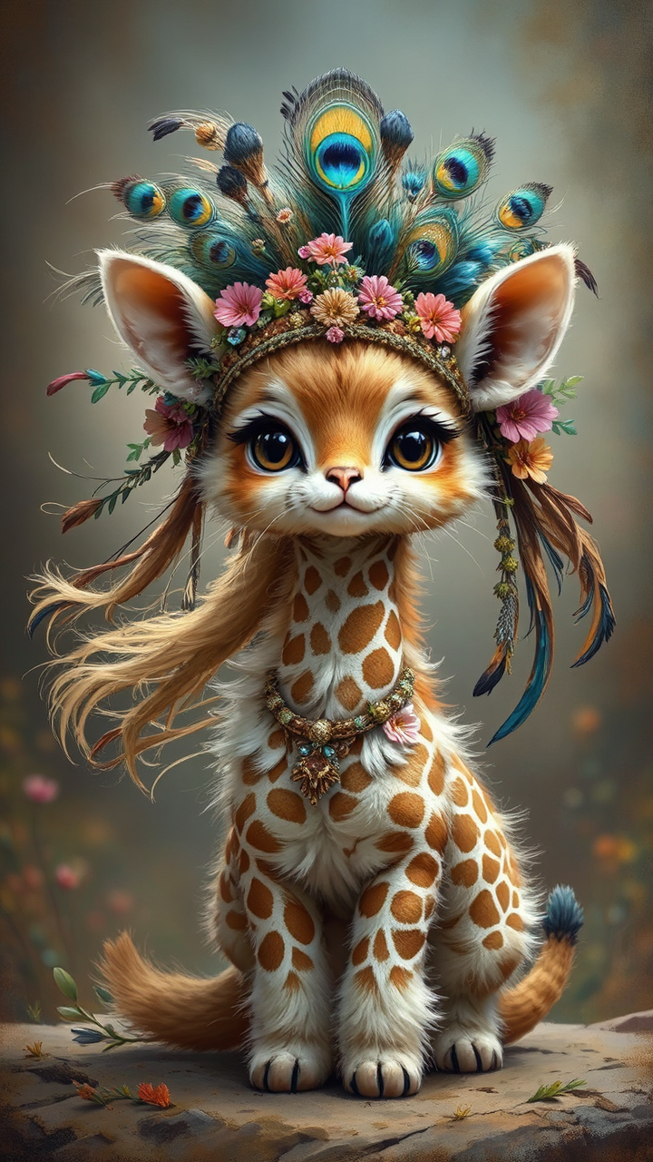 Giraffe-kitten hybrid wears headdress
