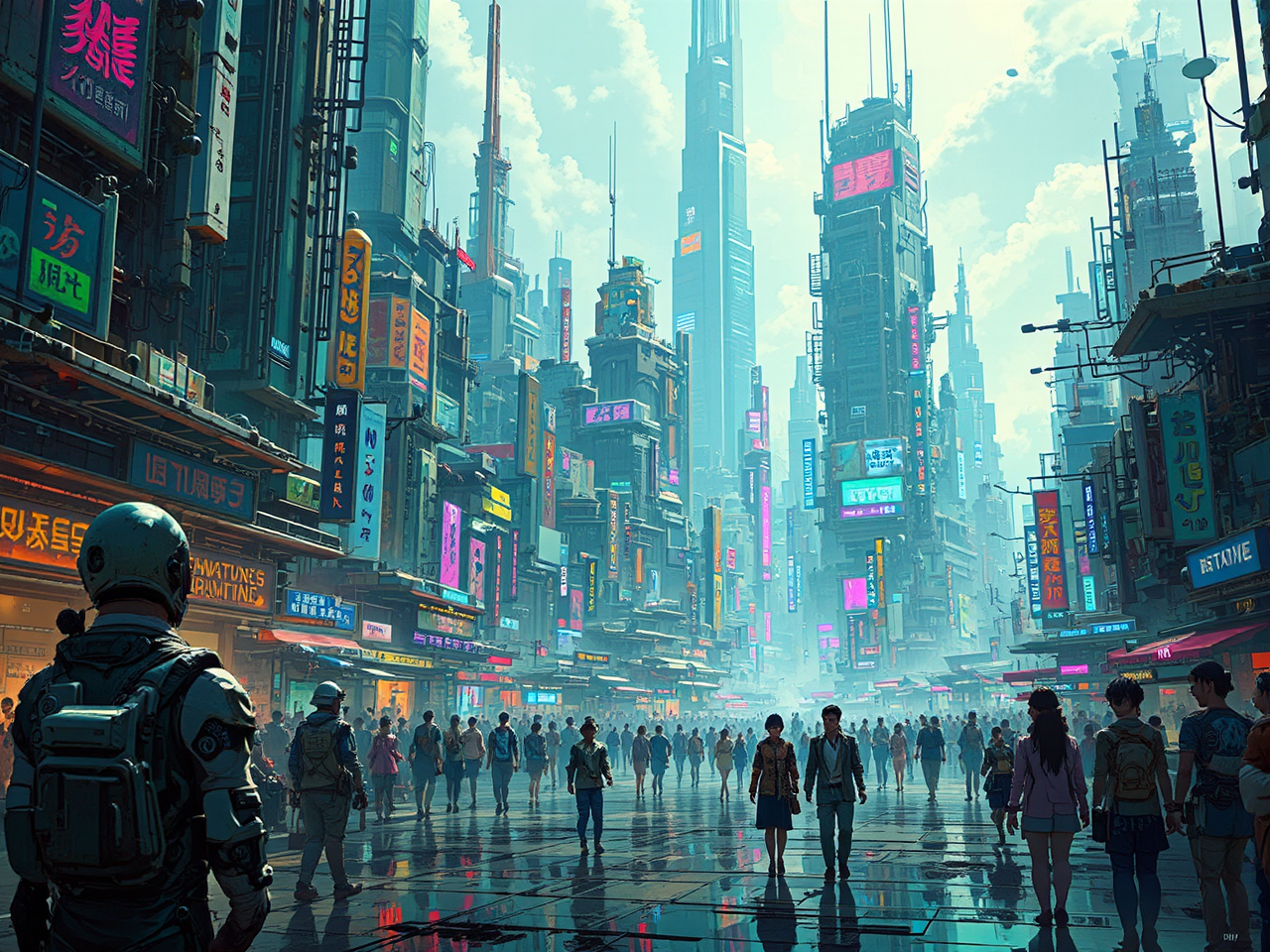 Cyberpunk city with cyborgs