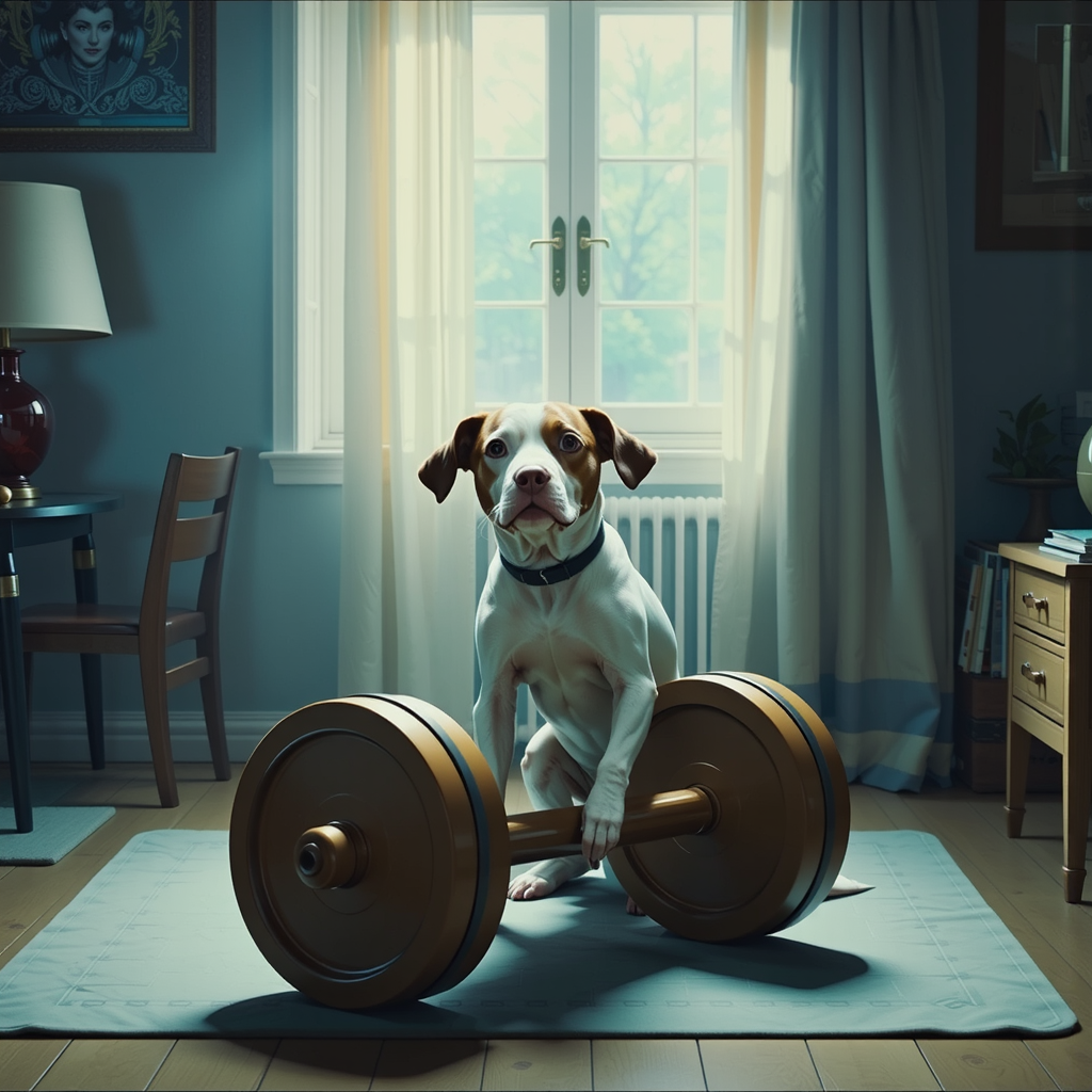 Dog lifting weights in