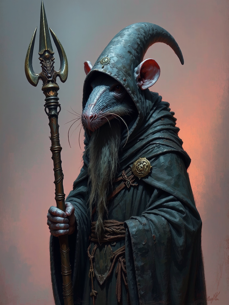 Grey-skinned Skaven with staff.