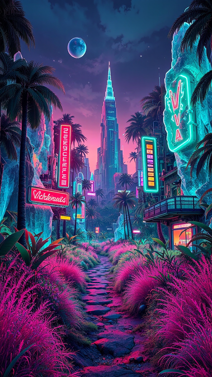 Fantasy meadow with neon